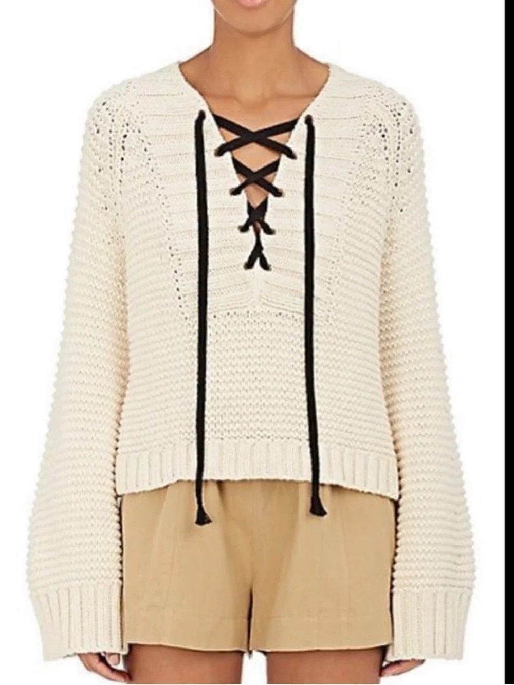 Ulla Johnson Marland Lace Up Chunky Knit Sweater Cream Black Small - Picture 10 of 12
